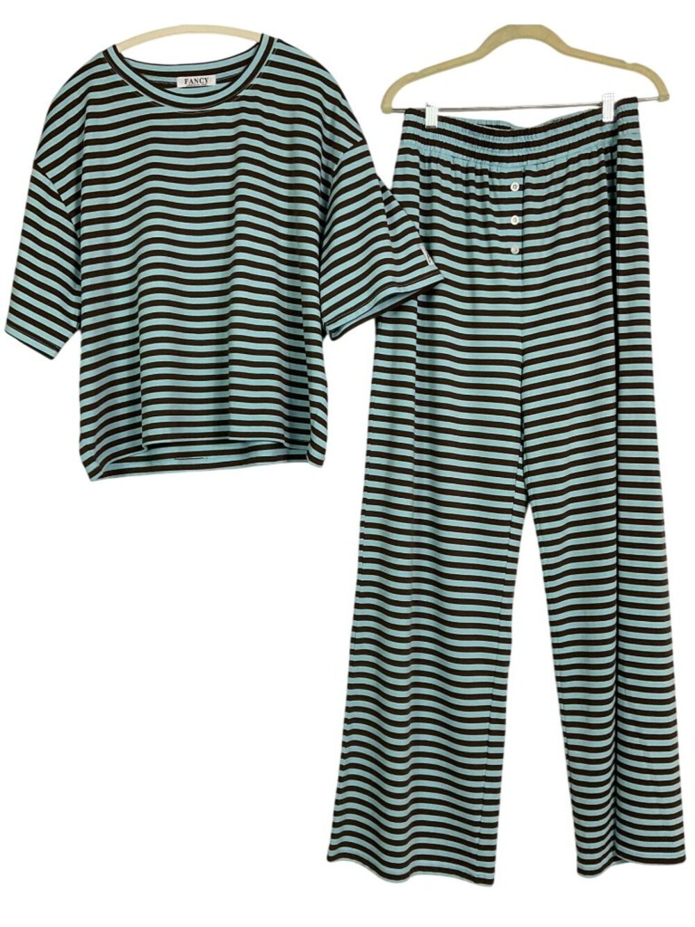 Fancy Glacier Chocolate Striped Lounge Set Wide Leg Pants Top L/XL